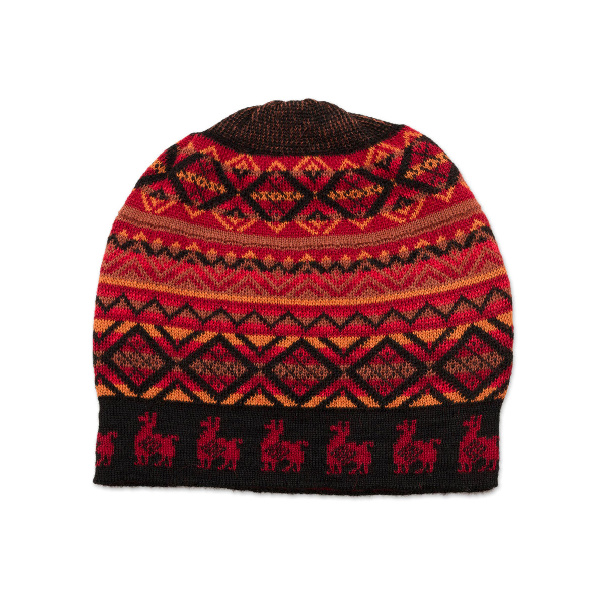 Alpaca Sunrise - a Red and Orange on Black Diamond Motif Alpaca Blend Knit Hat