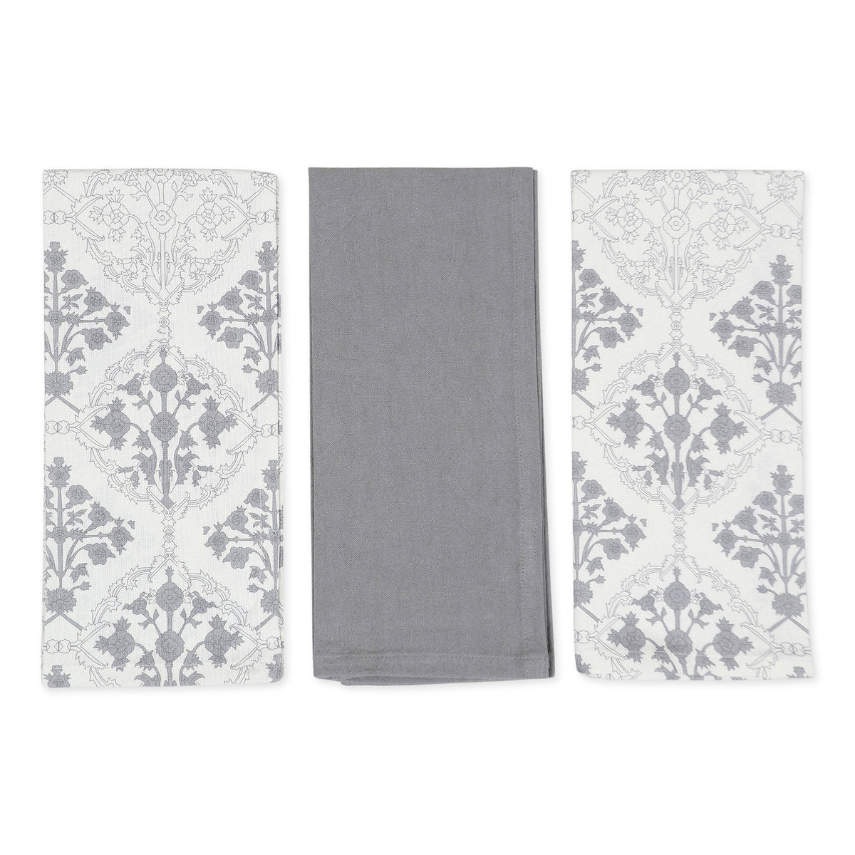 Beautiful Set of Dish Towels in Grey and White with Printed Damask Patterns
