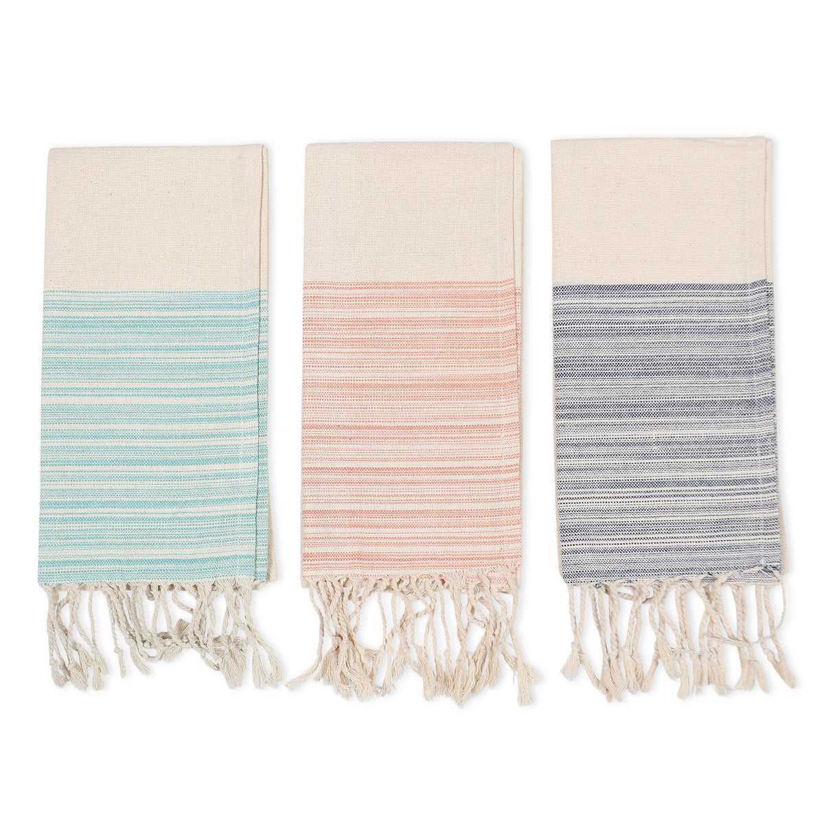 Set of Cotton Dish Towels in Pattern Stripes with Fringes