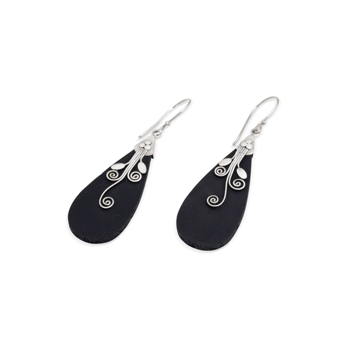 Reaching Vines - a Sterling Silver and Lava Stone Drop Shaped Earrings