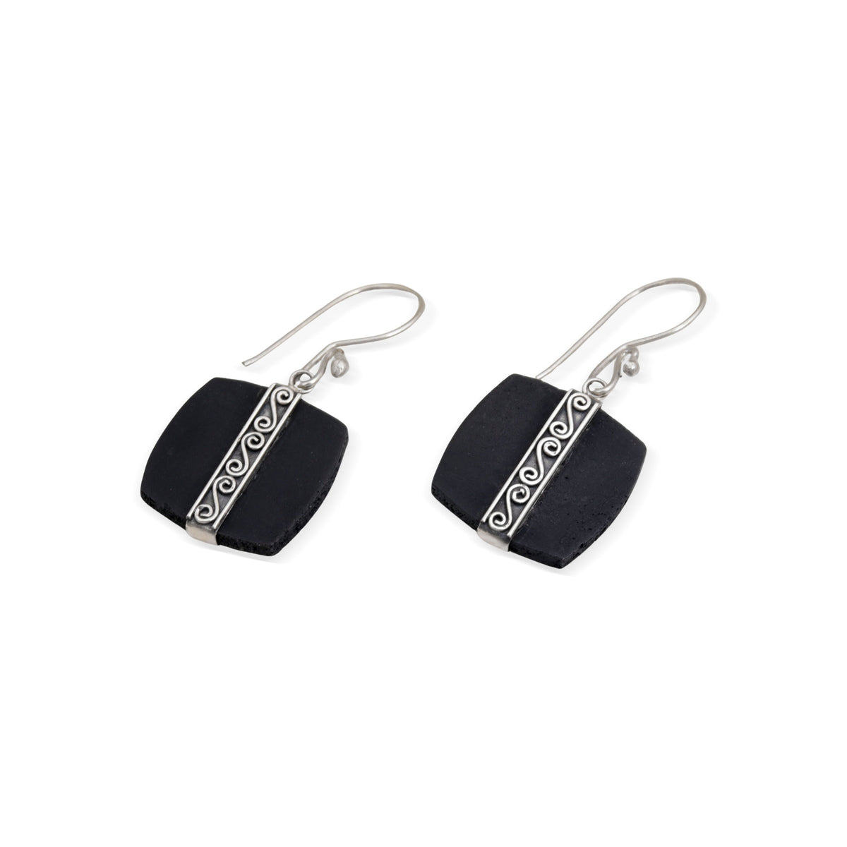 Temple Bands - a Sterling Silver and Lava Stone Spiral Motif Dangle Earrings