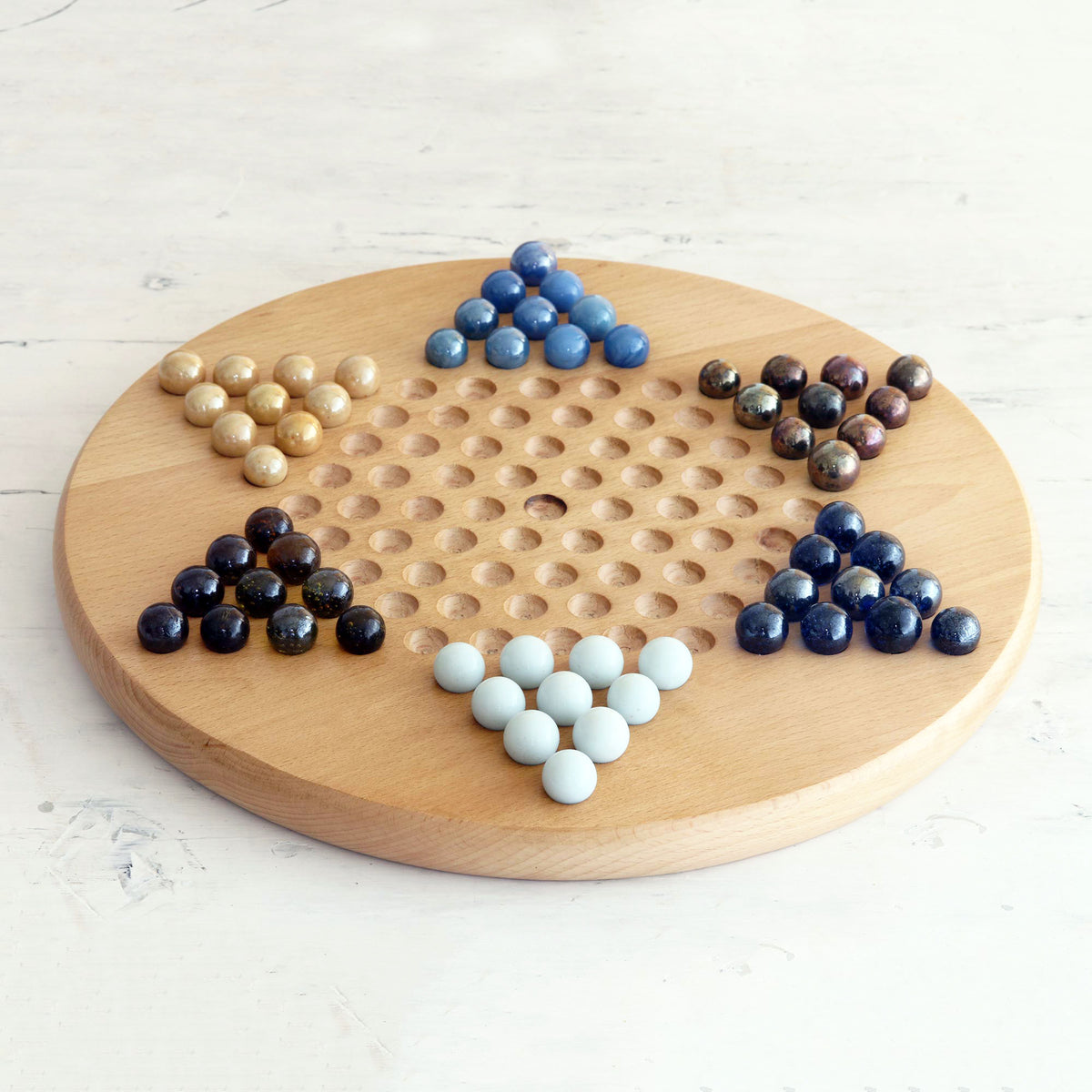 Handcrafted Wood and Glass Marble Chinese Checkers Game - Complete Set