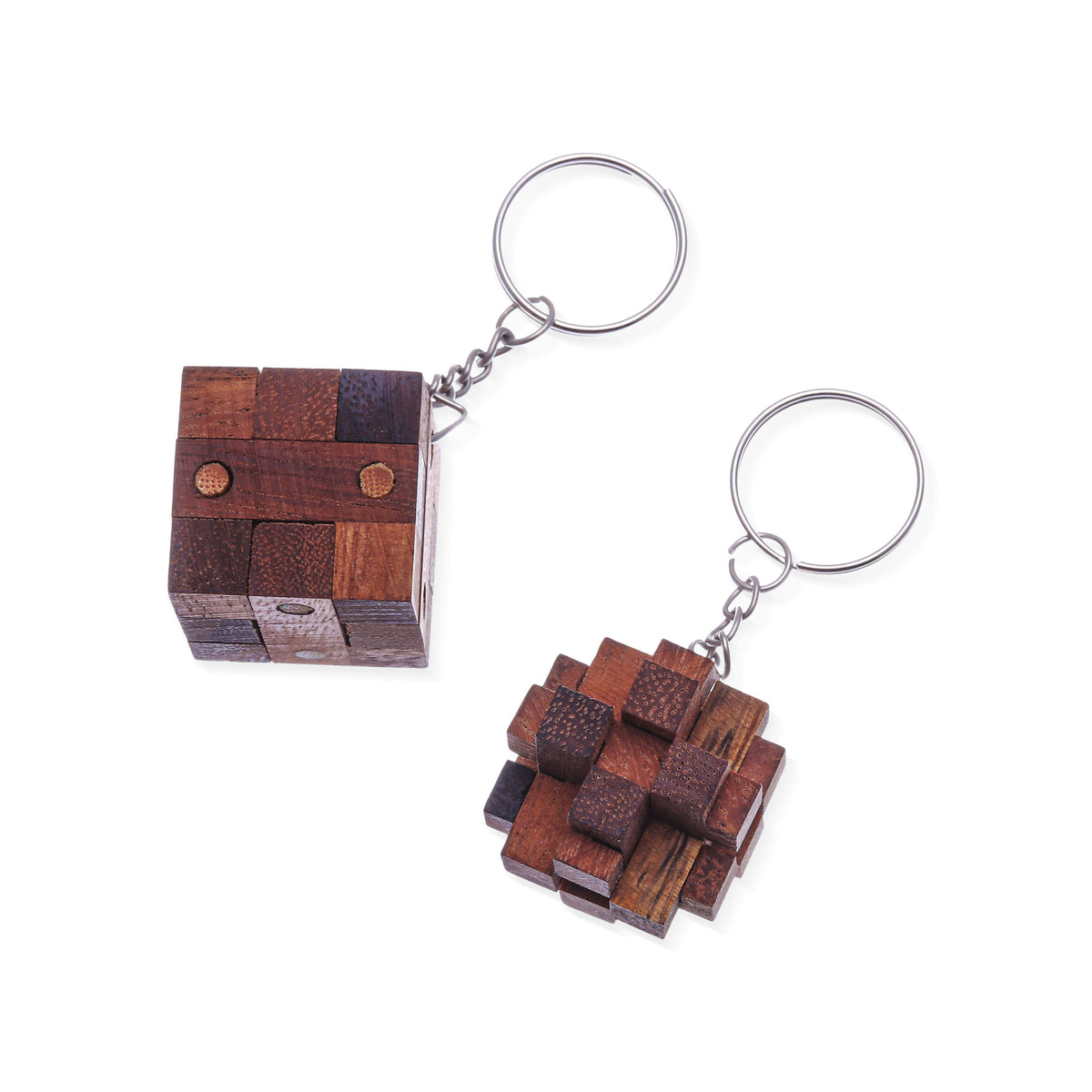 Nails and Squares - a Pair of Wooden Puzzle Keyrings from Thailand