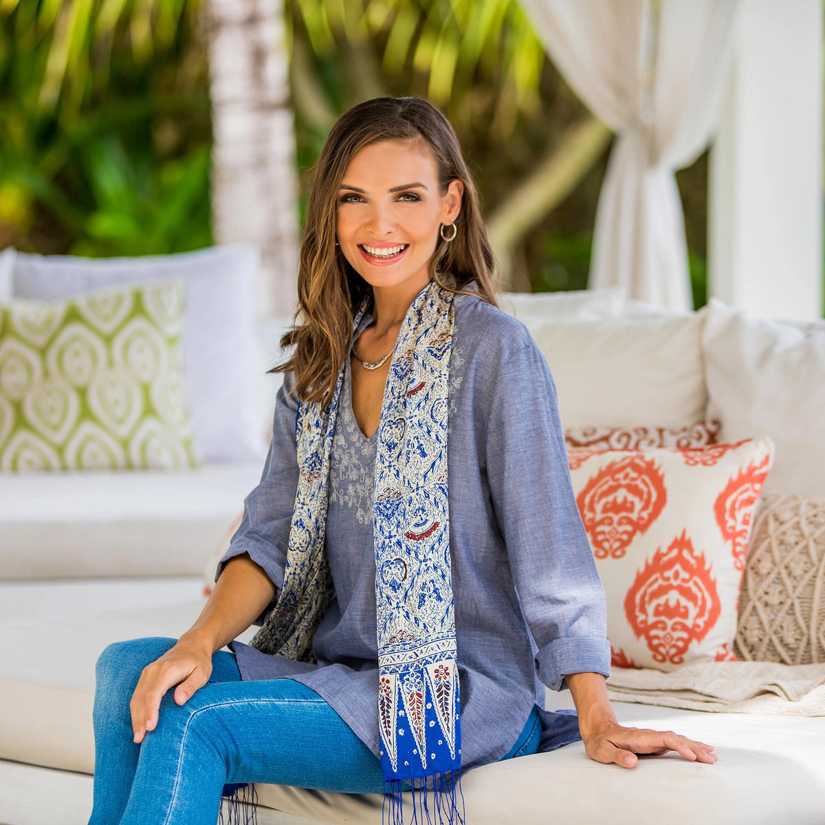 Silk Batik Scarf from Indonesia - Royal Java Blue