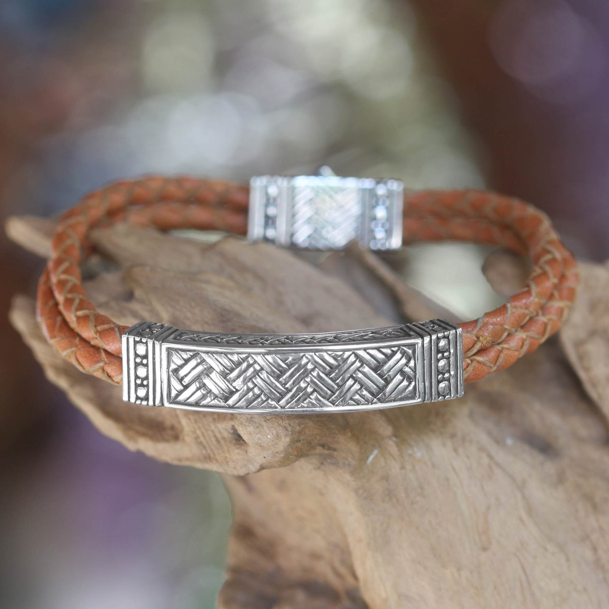 Men's Sterling Silver and Leather Wristband Bracelet - Jakarta Man