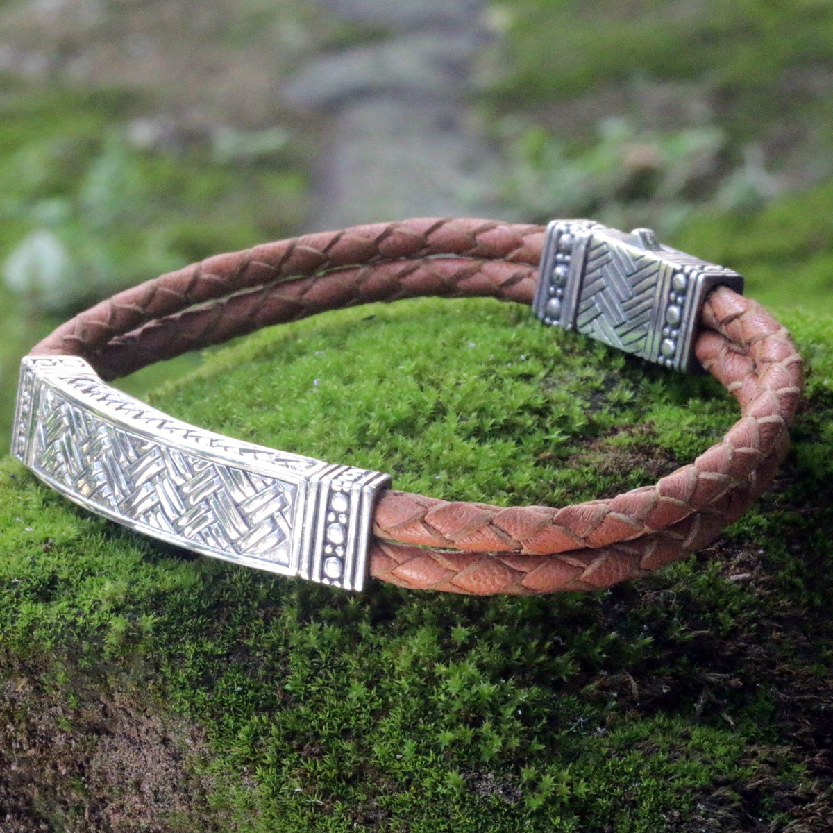 Men's Sterling Silver and Leather Wristband Bracelet - Jakarta Man