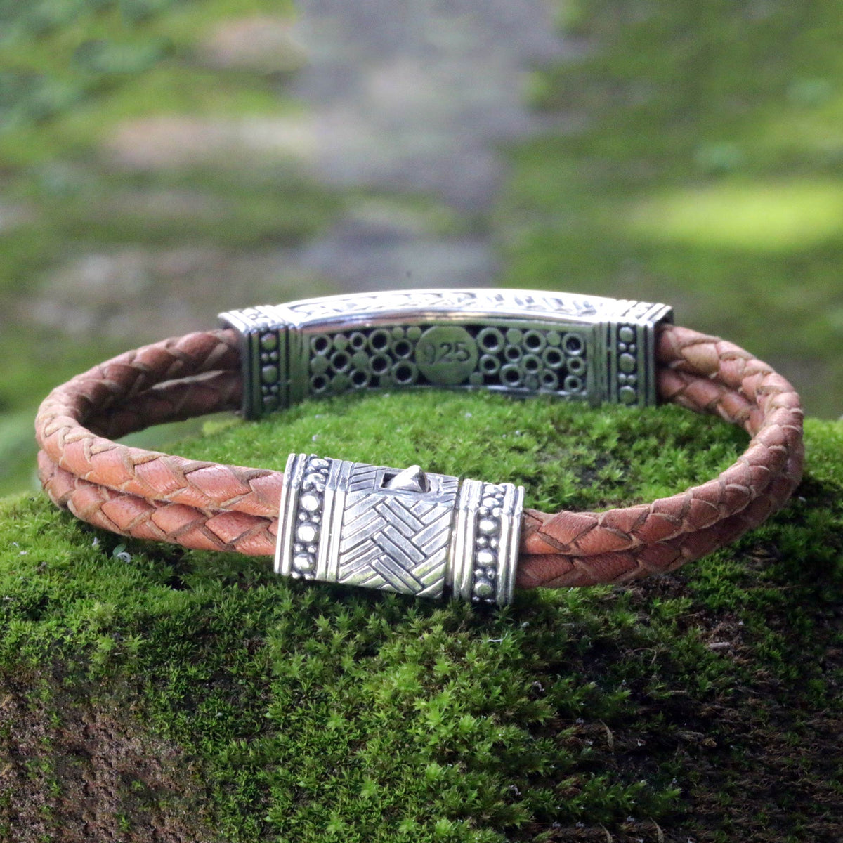 Men's Sterling Silver and Leather Wristband Bracelet - Jakarta Man