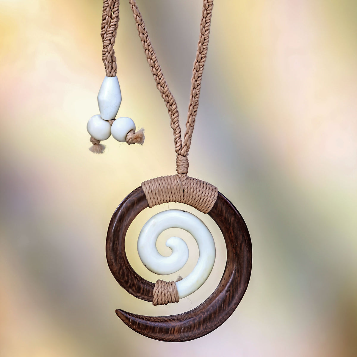 Hand Carved Wood and Bone Macrame Necklace - Hypnotic Borneo