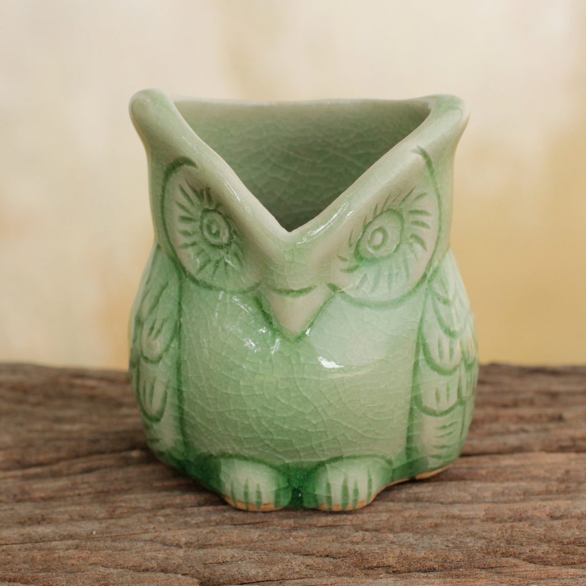 Handcrafted Green Thai Celadon Bird Theme Pot - Happy Green Owl