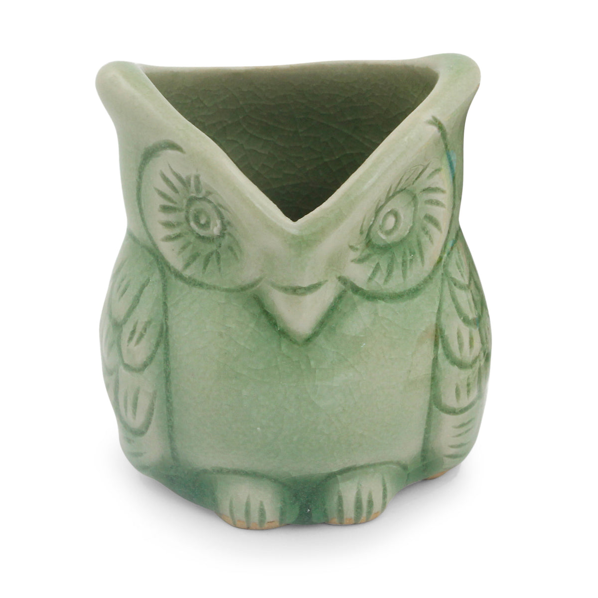 Handcrafted Green Thai Celadon Bird Theme Pot - Happy Green Owl