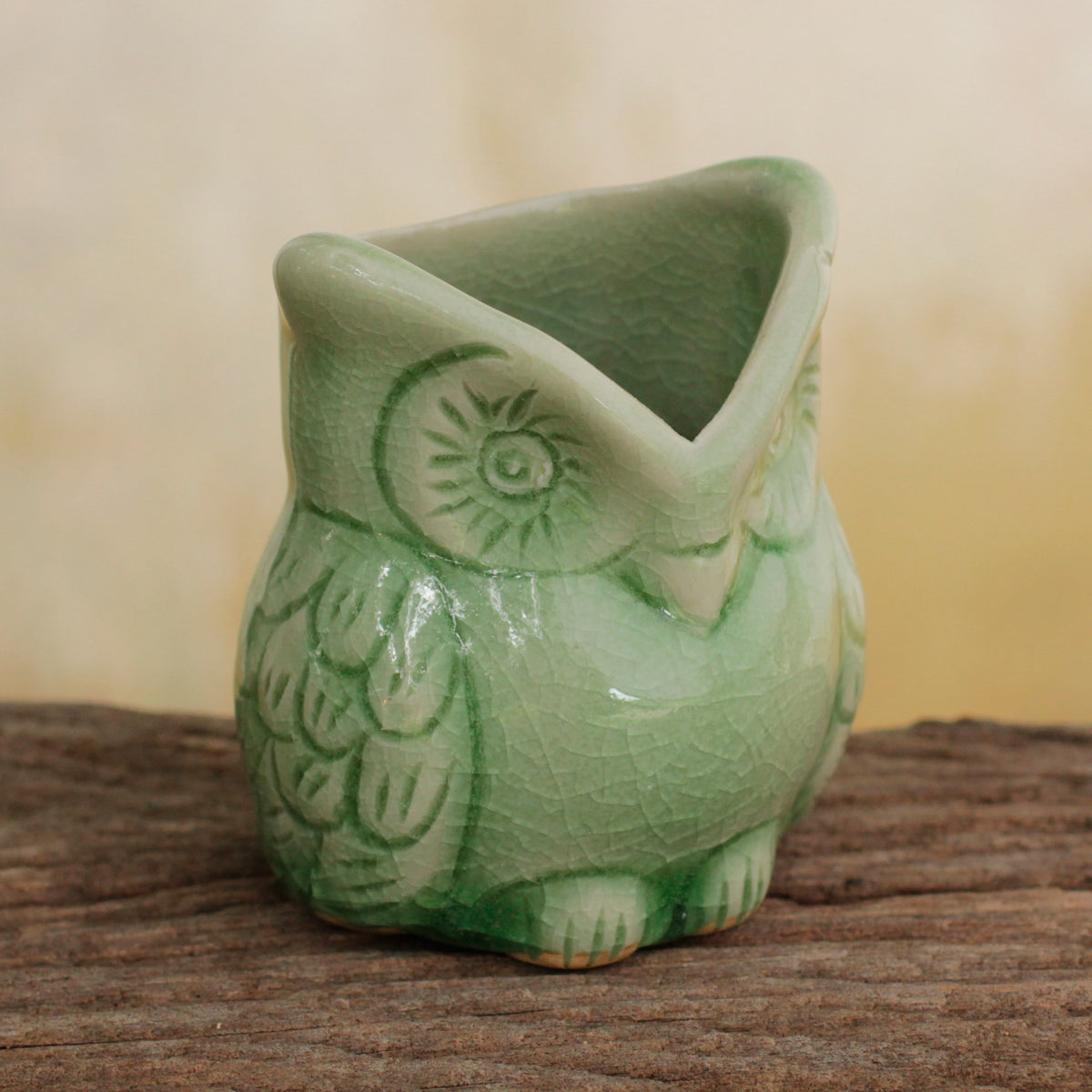 Handcrafted Green Thai Celadon Bird Theme Pot - Happy Green Owl