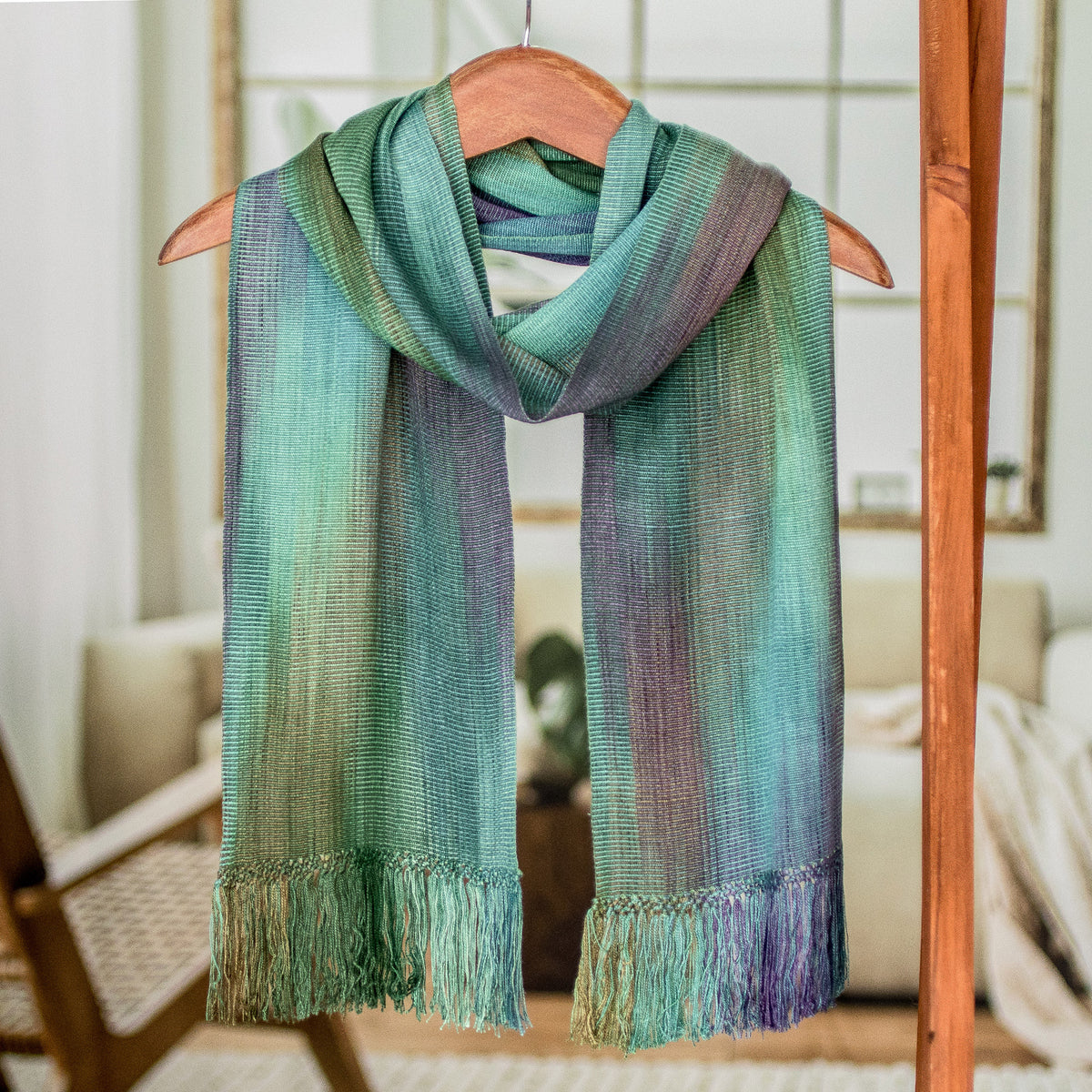 Purple Green Hand Crafted Rayon Scarf