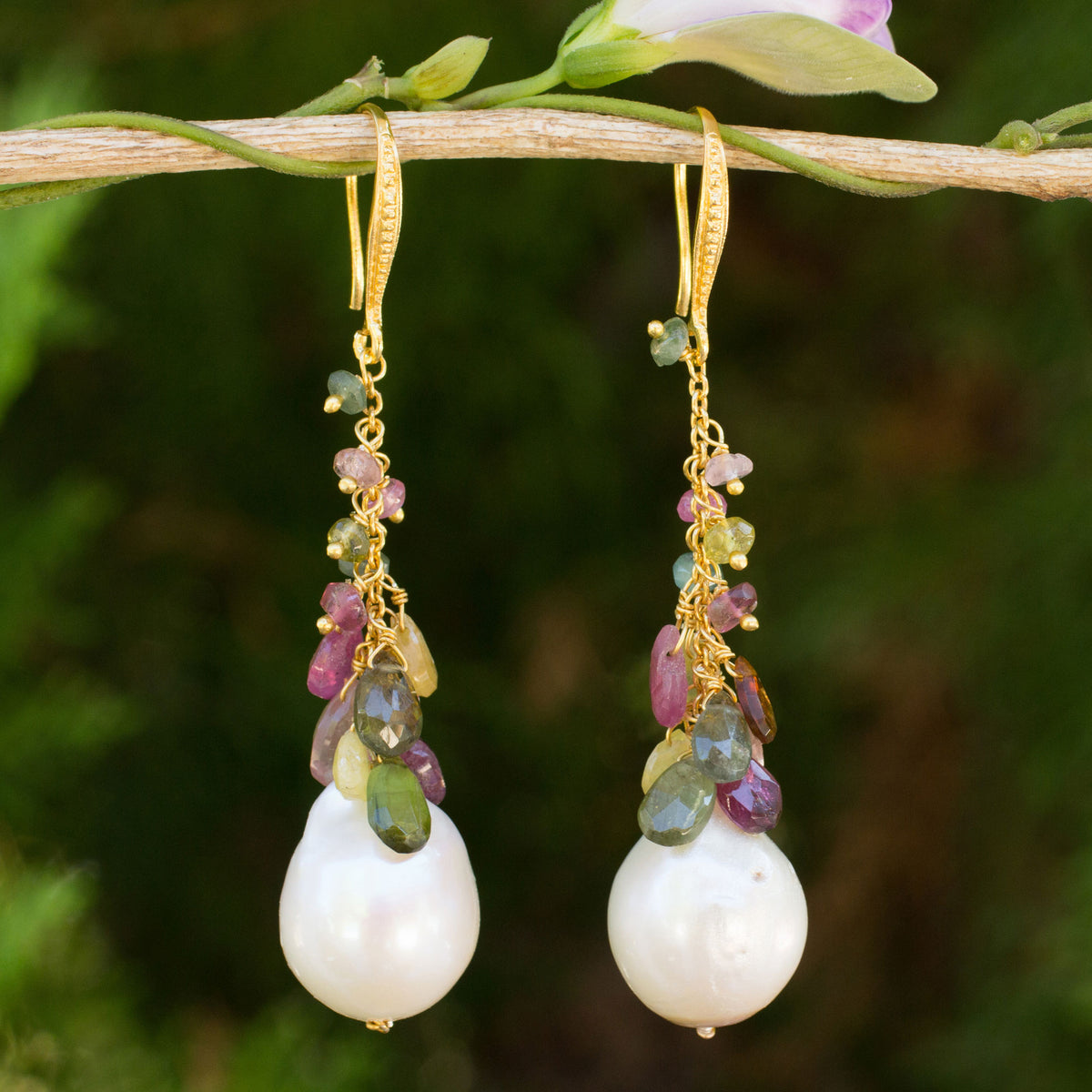 Multicolor Tourmaline and Pearls on Gold Plated Earrings - Thai Vineyard