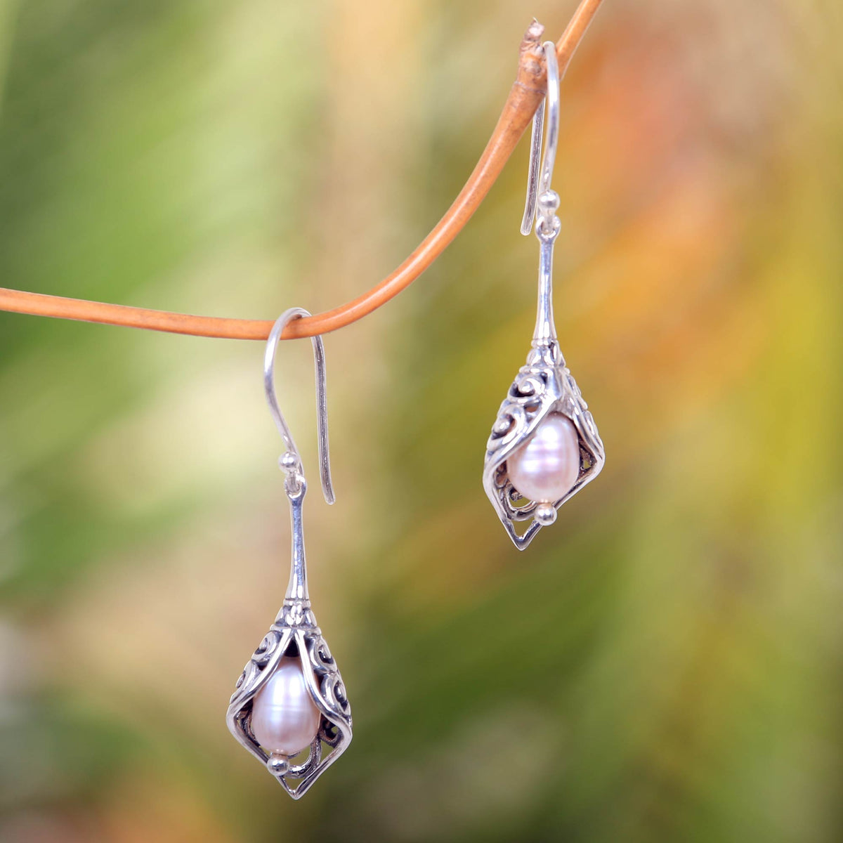 White Calla Lily - Balinese Cultured Pearl Earrings Crafted of Sterling Silver