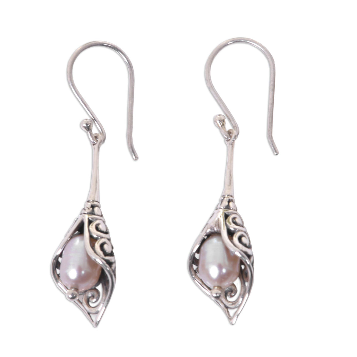 White Calla Lily - Balinese Cultured Pearl Earrings Crafted of Sterling Silver