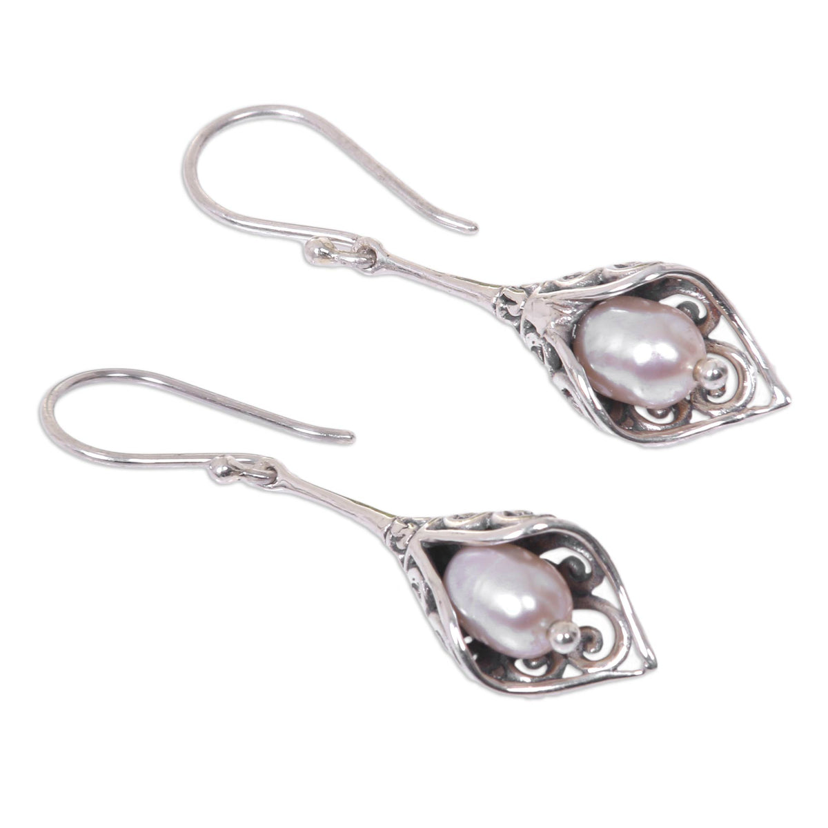 White Calla Lily - Balinese Cultured Pearl Earrings Crafted of Sterling Silver