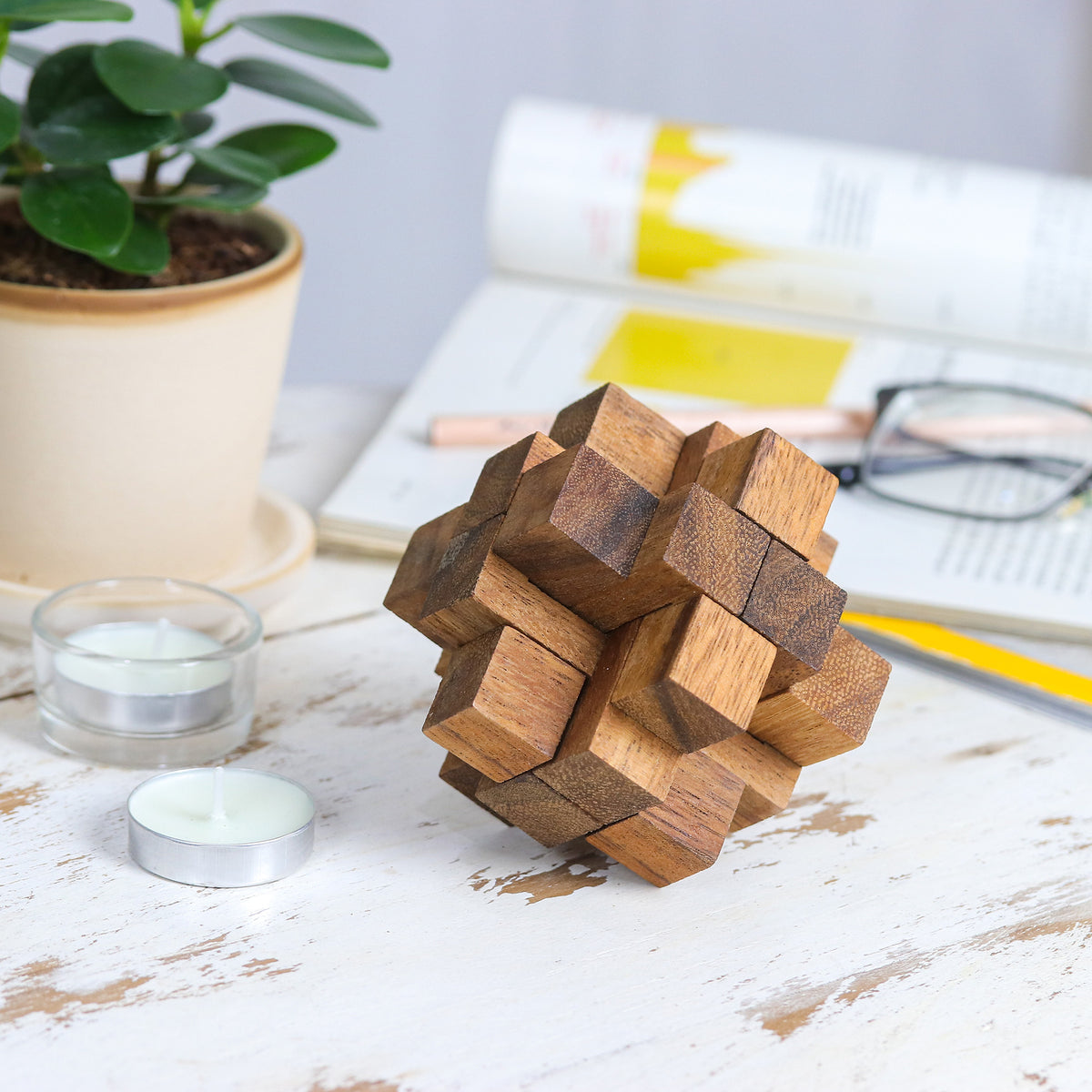 Diamond Cube - a Handmade Wood Puzzle Game Geometric from Thailand