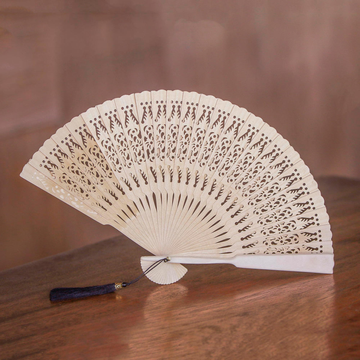 Serenity Bloom - Hand Made Wood Fan in Natural with Pouch from Indonesia