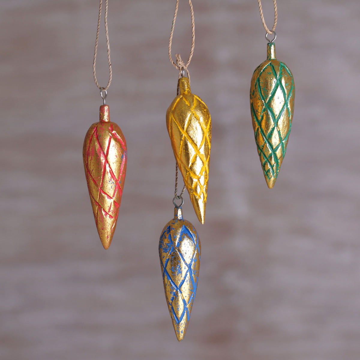 Golden Cones - Four Handcrafted Gold Tone Albesia Wood Ornaments from Bali