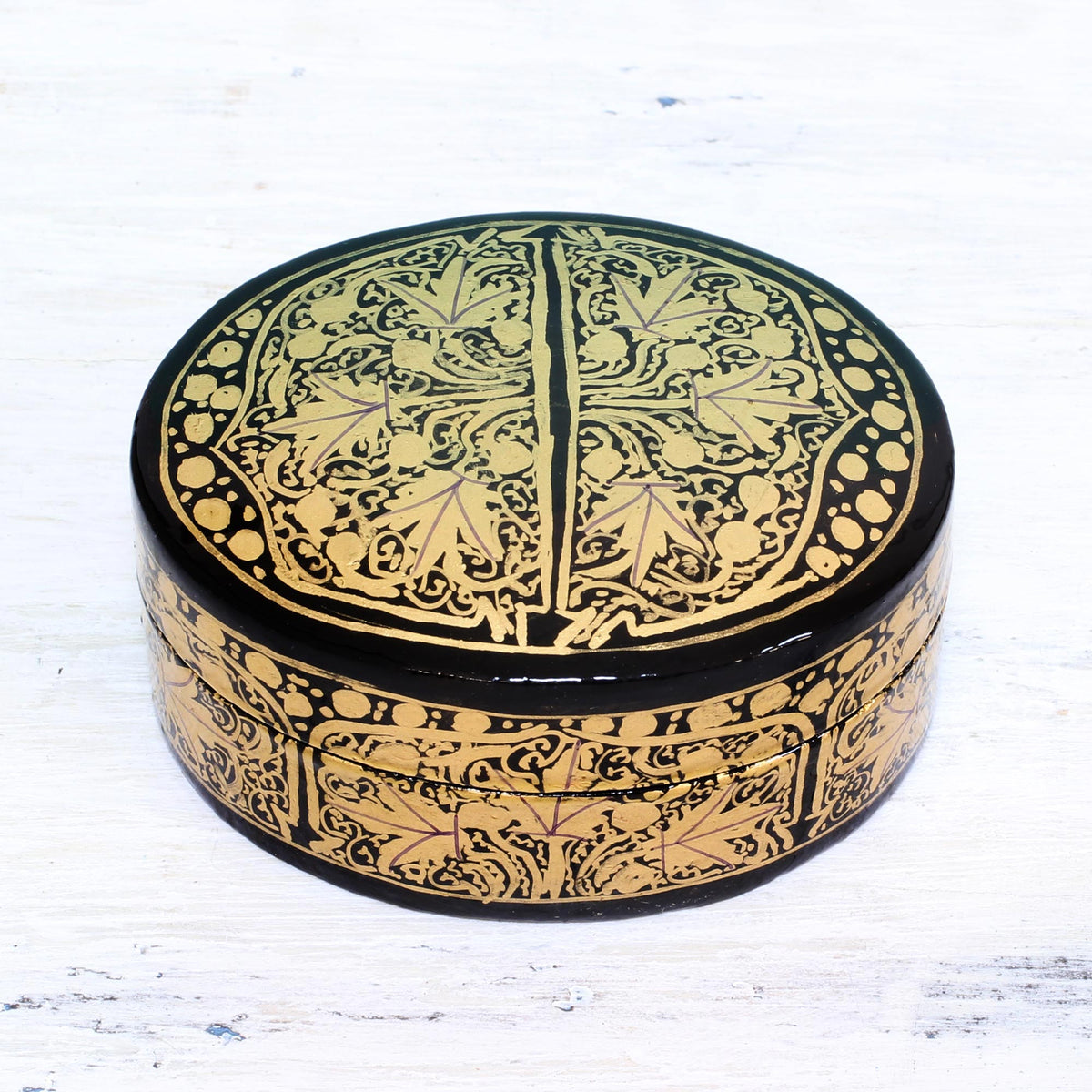 Serene Grandeur - Black and Gold Papier Mache Decorative Box from India