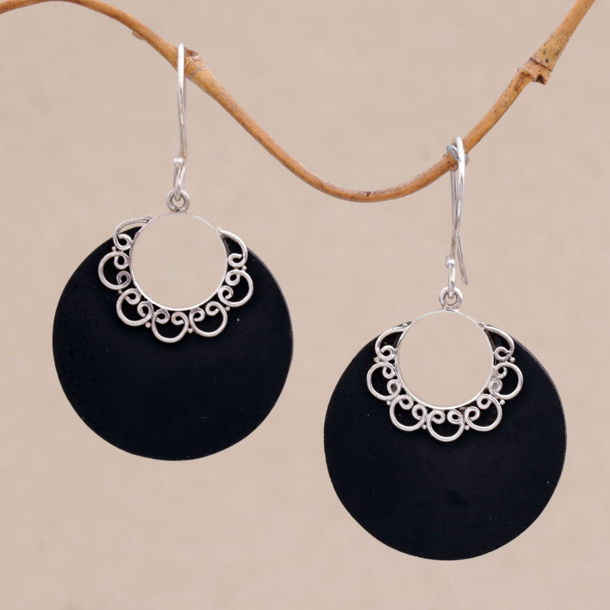 Sterling Silver and Lava Stone Earrings, 'Crescent Lace'