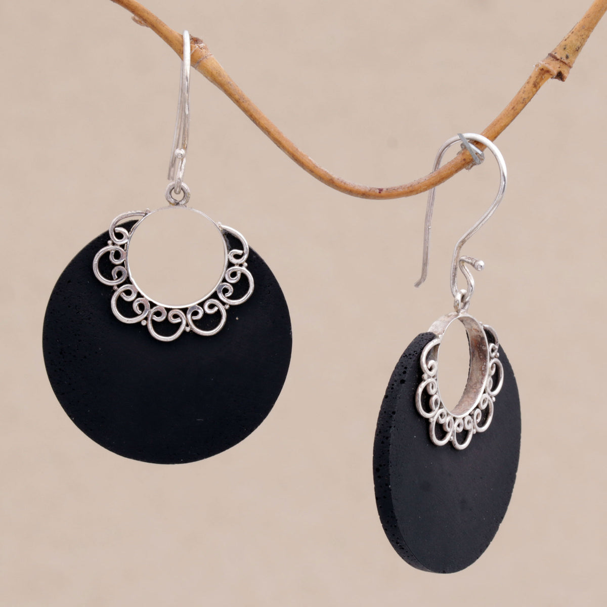 Sterling Silver and Lava Stone Earrings, 'Crescent Lace'