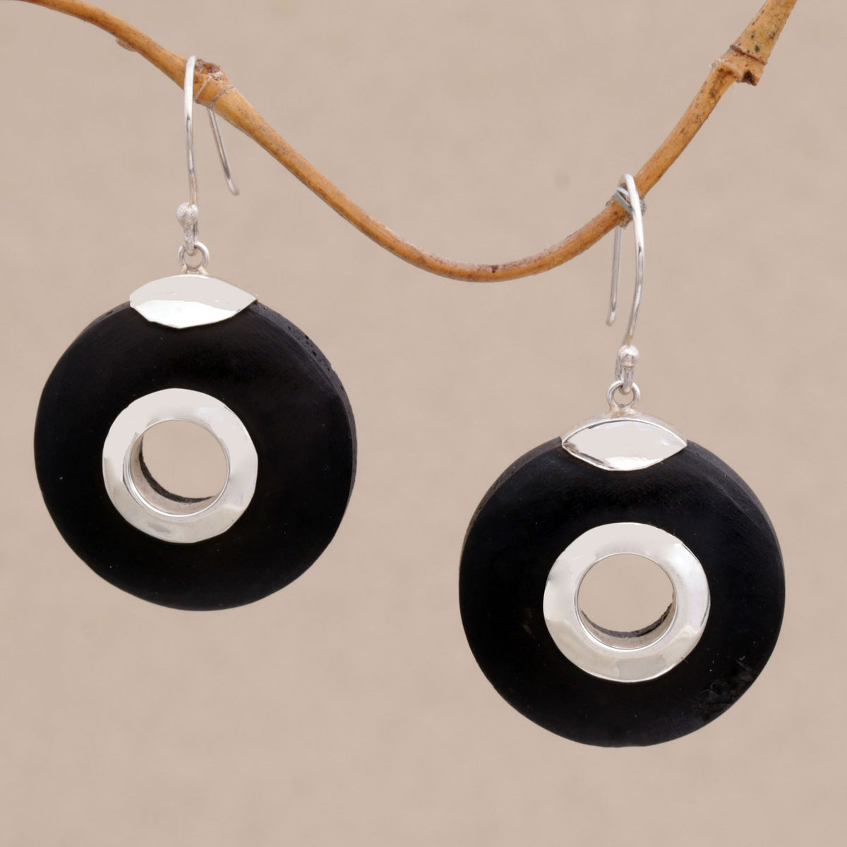 Wheels of Change - a Sterling Silver and Lava Stone Circle Earrings from Bali