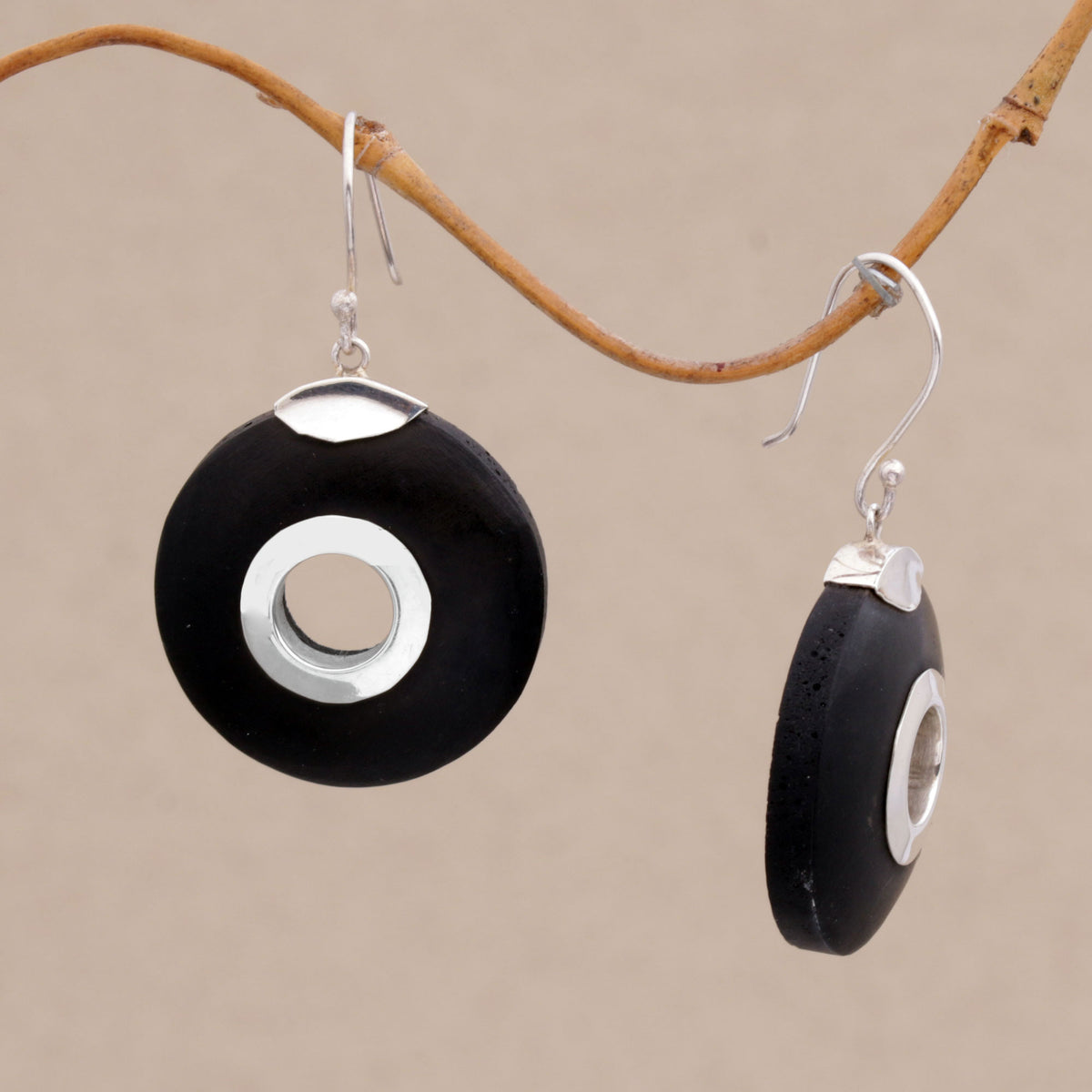 Wheels of Change - a Sterling Silver and Lava Stone Circle Earrings from Bali