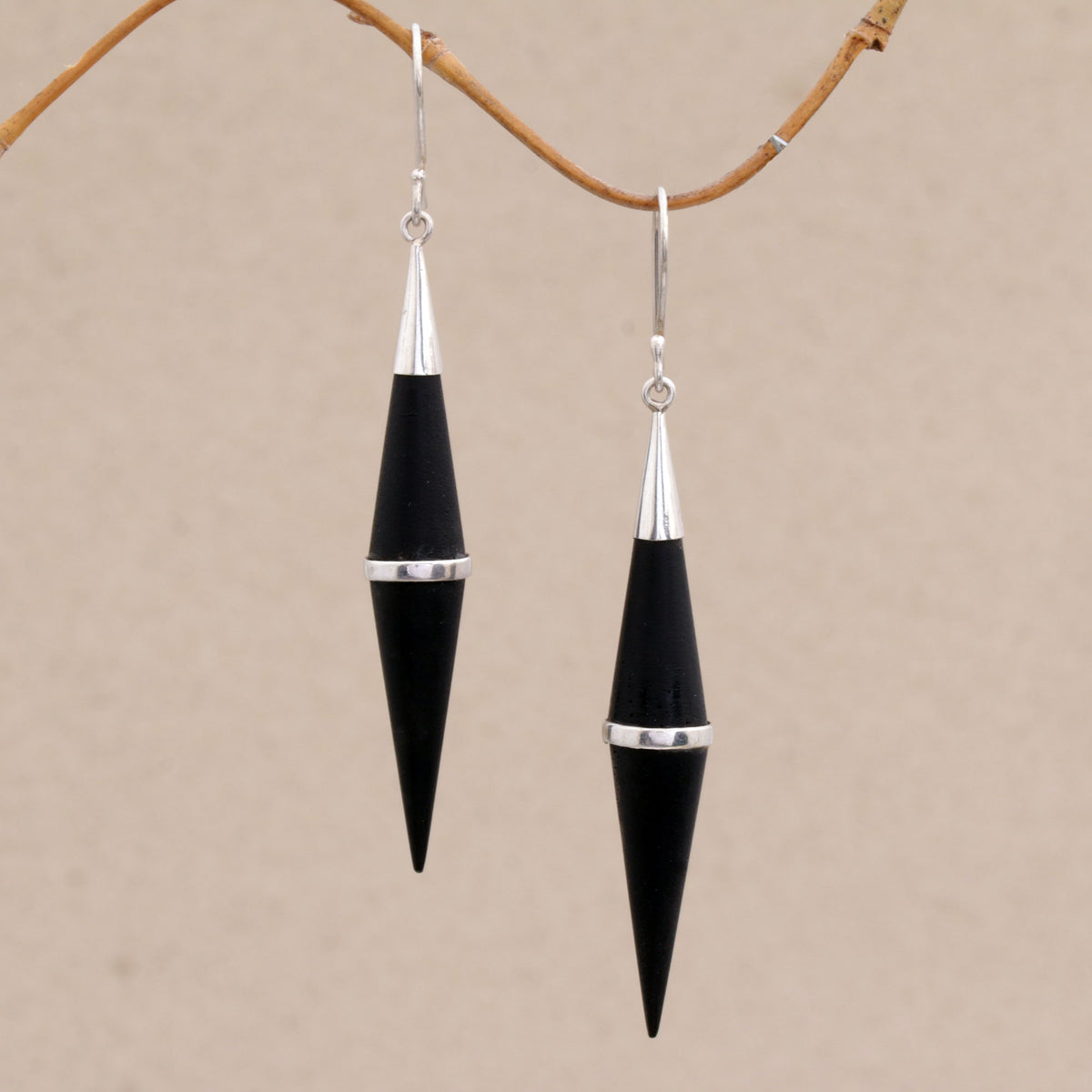 Elegant Cones - a Sterling Silver and Sono Wood Cone-Shaped Dangle Earrings