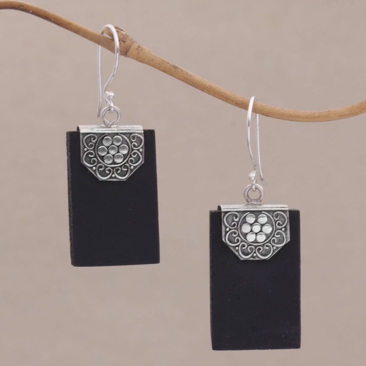 Bars of Midnight - a Rectangular Lava Stone and 925 Silver Earrings from Bali