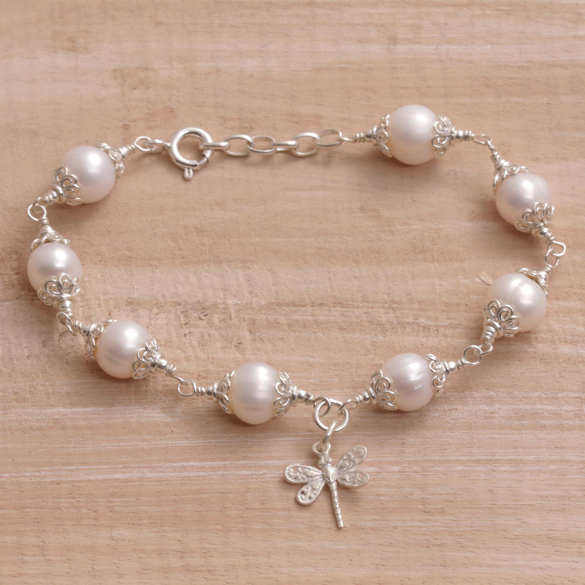 Moonlight Dragonfly - Cultured Pearl and Sterling Silver Dragonfly Charm Bracelet
