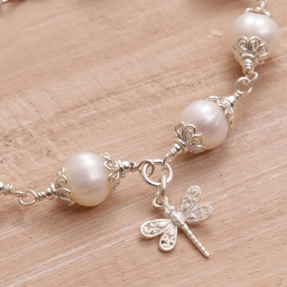 Moonlight Dragonfly - Cultured Pearl and Sterling Silver Dragonfly Charm Bracelet