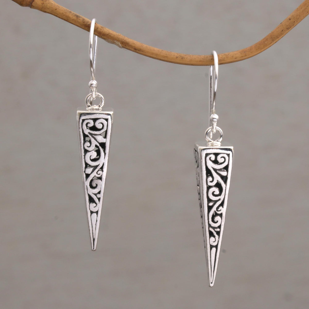 Vine Pyramids - a Pair of Sterling Silver Pyramid-Shaped Earrings from Bali