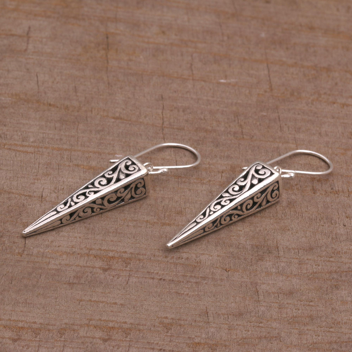 Vine Pyramids - a Pair of Sterling Silver Pyramid-Shaped Earrings from Bali