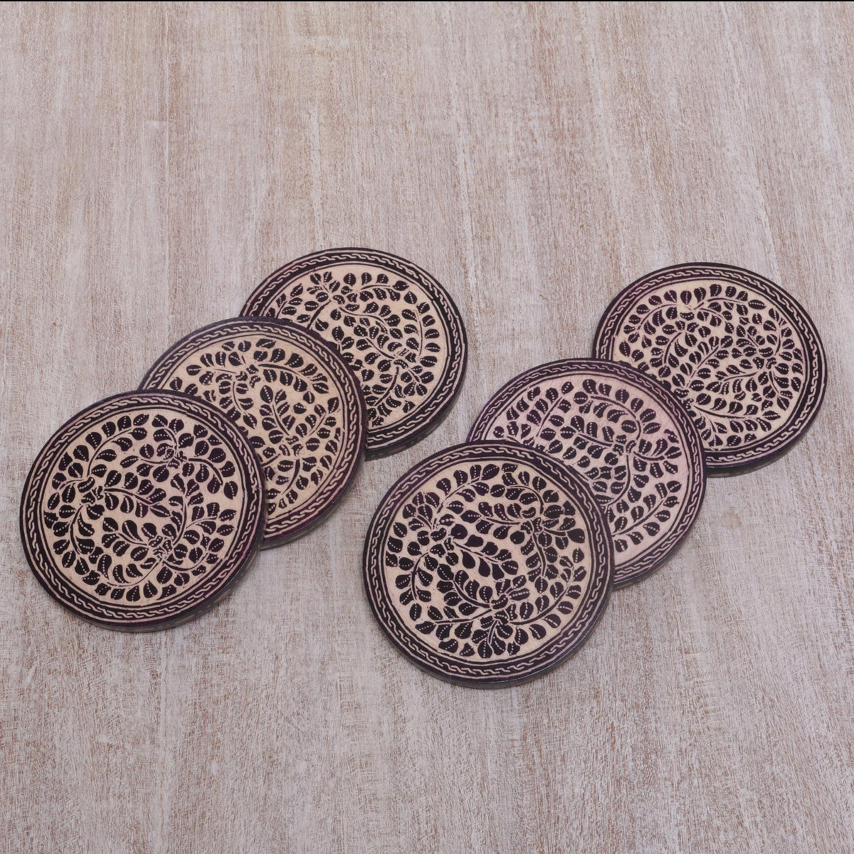 Set of 6 Indonesian Cream and Black Wood Batik Coasters
