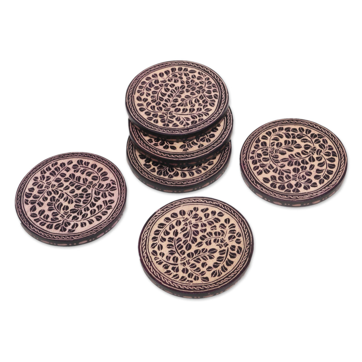 Set of 6 Indonesian Cream and Black Wood Batik Coasters