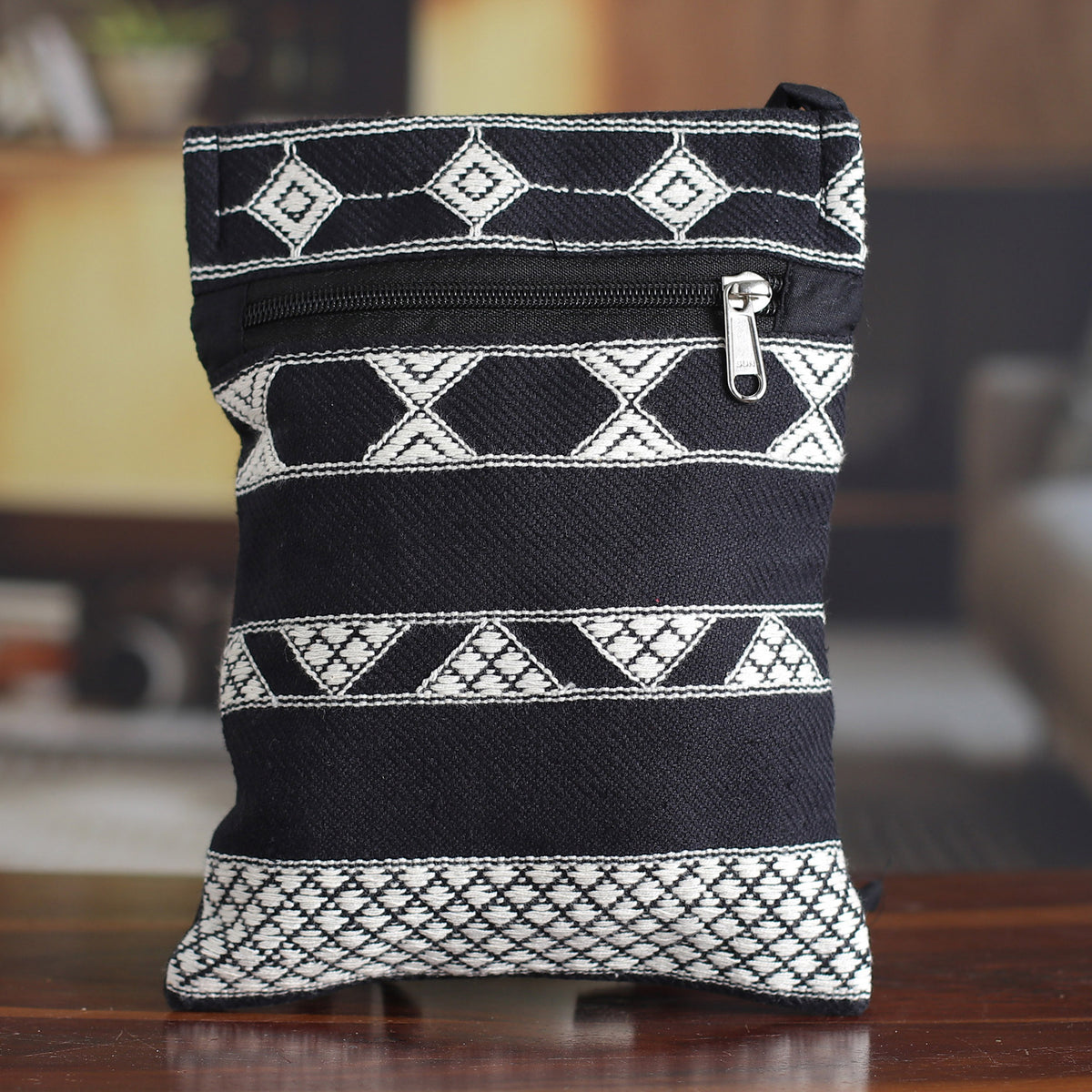Rajasthani Roads - a Hand Woven Black and White Cotton Sling Bag