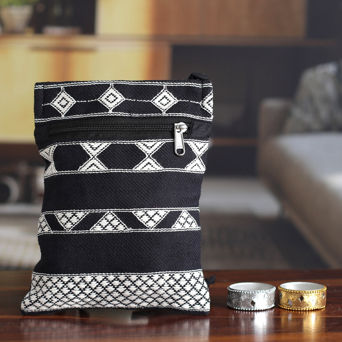 Rajasthani Roads - a Hand Woven Black and White Cotton Sling Bag