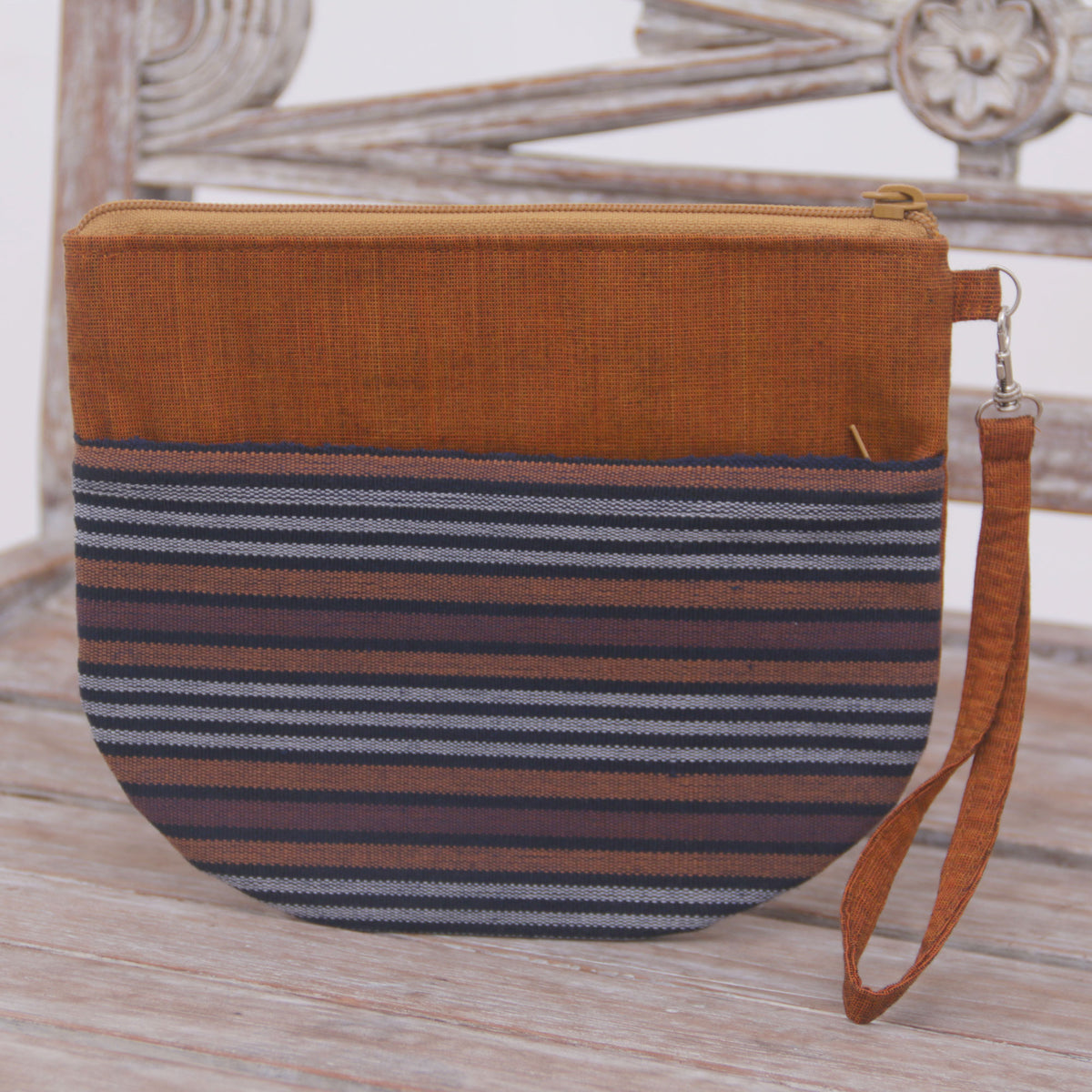 100% Cotton Striped Brown Clutch Exterior Pocket Wristlet - Lurik Sphere Brown