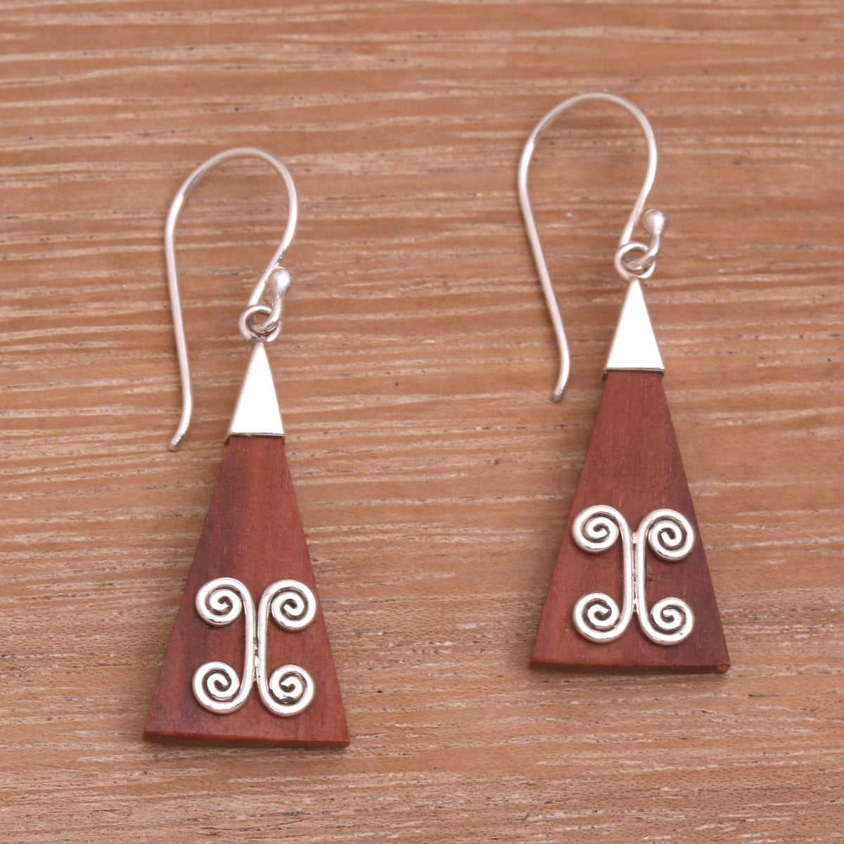 Reach - A Pair of Wood Triangle Sterling Silver Swirl Modern Dangle Earrings