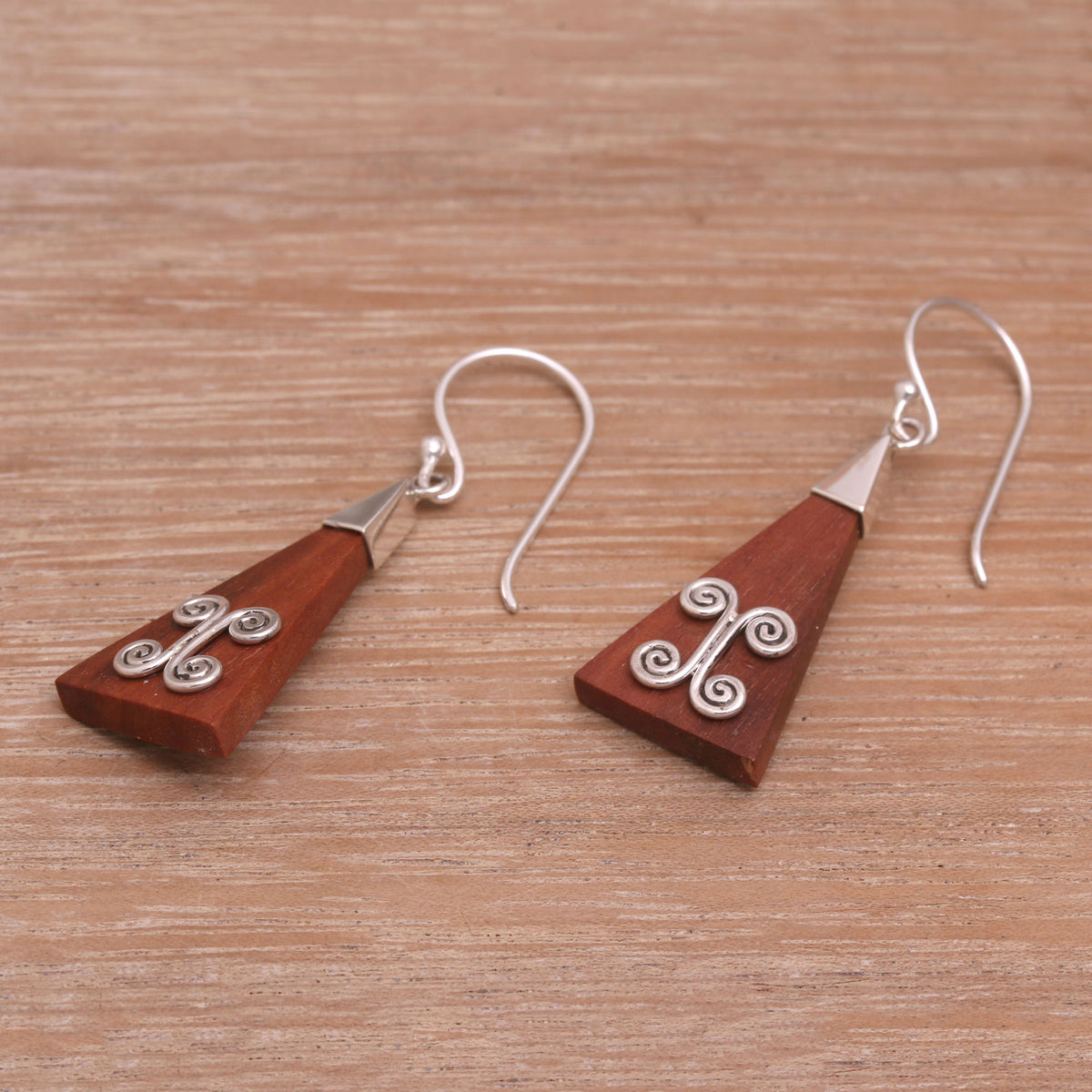 Reach - A Pair of Wood Triangle Sterling Silver Swirl Modern Dangle Earrings