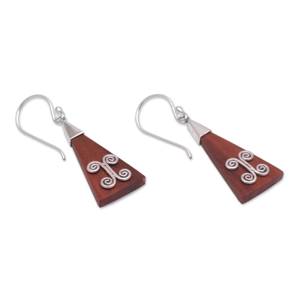 Reach - A Pair of Wood Triangle Sterling Silver Swirl Modern Dangle Earrings