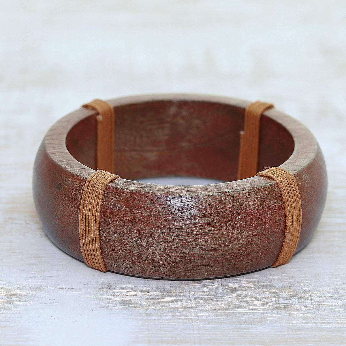 Casual Charm - a Smooth Wood Bangle Bracelet Wrapped with Brown Cotton Cord