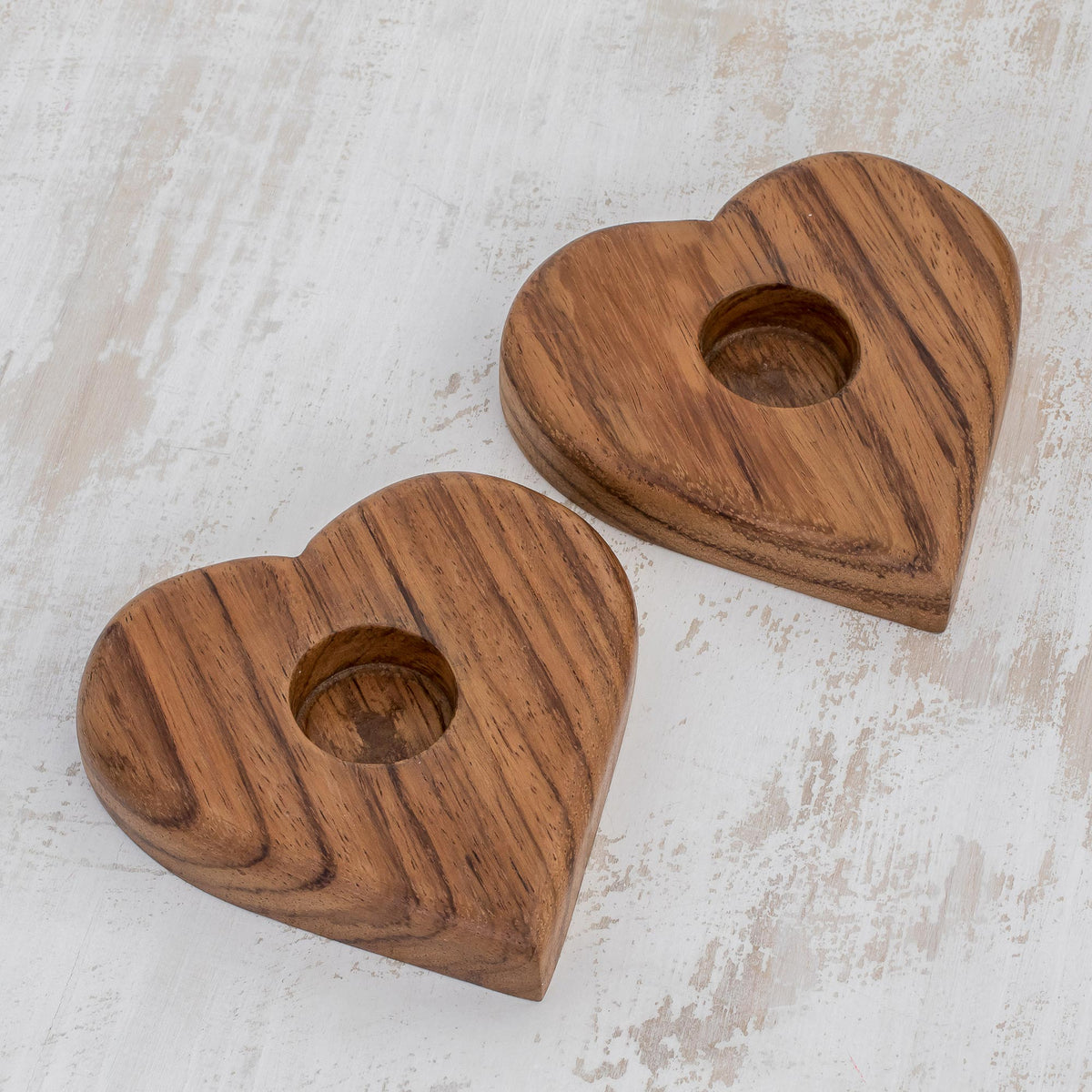Lovely Light - a Pair of Heart-Shaped Wood Tealight Holders from Guatemala (Pair)