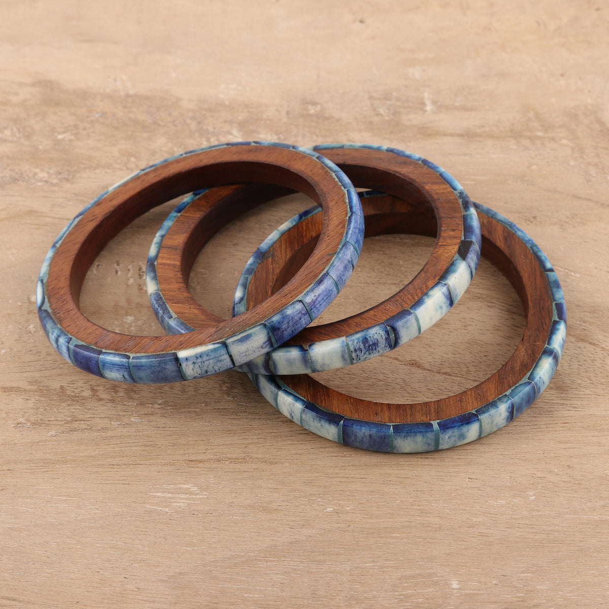 Blue Saga - a Set of Three Blue Bone and Mango Wood Bangle Bracelets