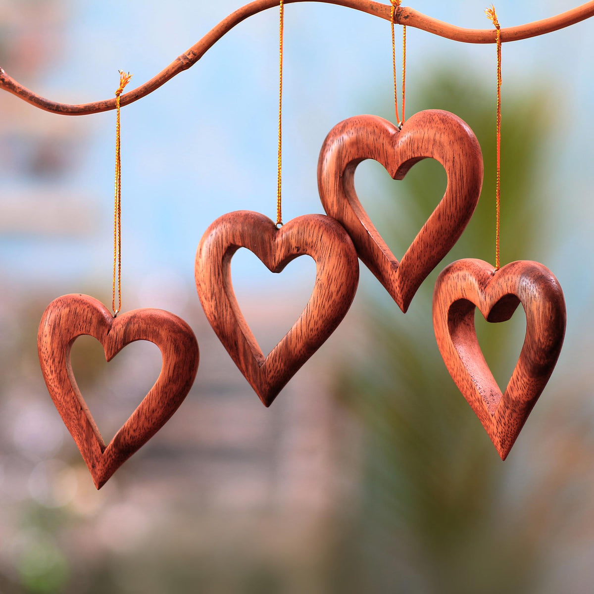 Heart Grain - Heart-Shaped Suar Wood Ornaments from Bali (Set of 4)