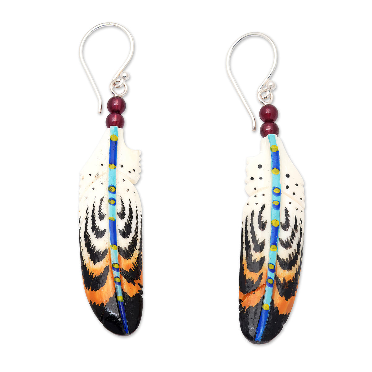 Hand-Painted Garnet Accent Feather Dangle Earrings - Antique Feathers