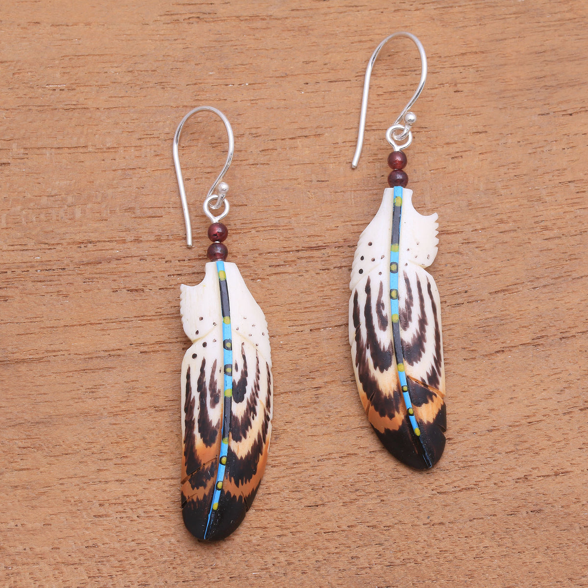 Hand-Painted Garnet Accent Feather Dangle Earrings - Antique Feathers
