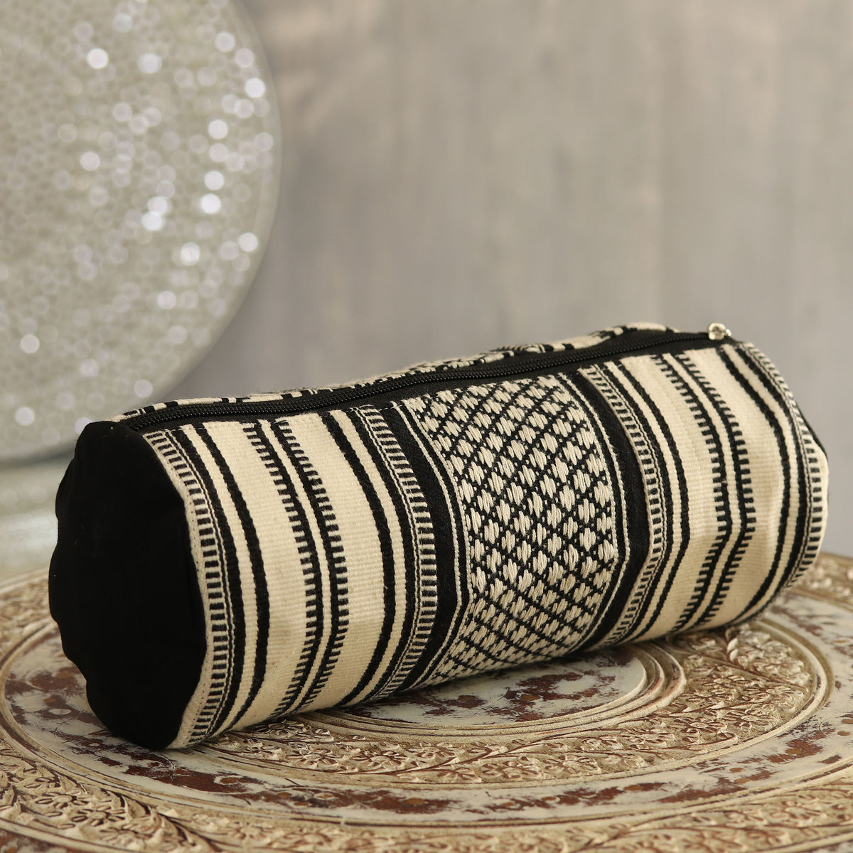 Alabaster and Black Cotton Cosmetic Bag from India