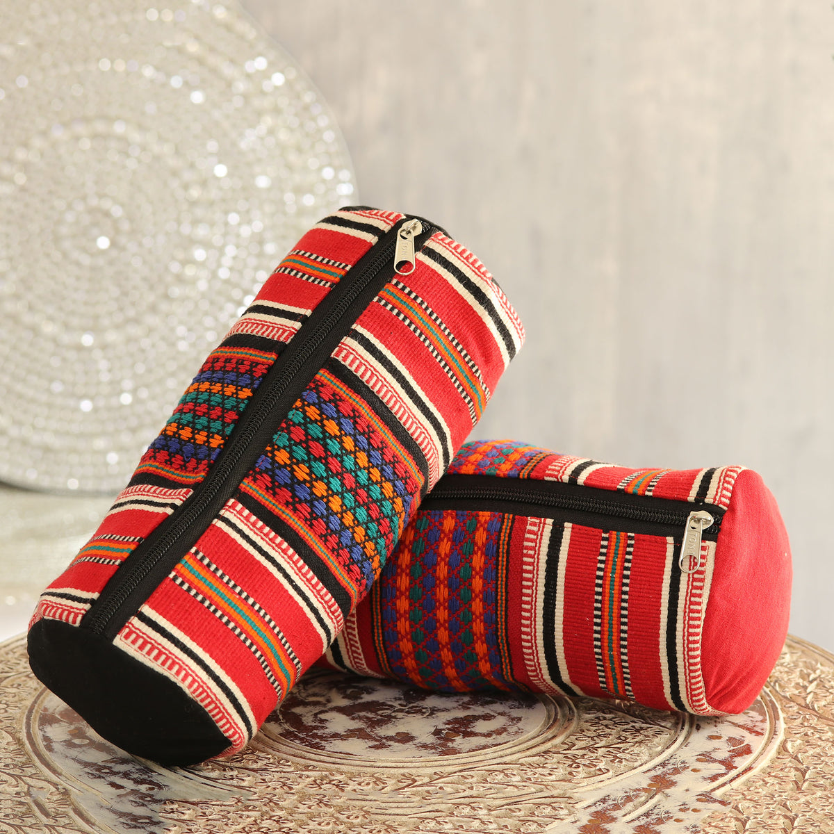 Striped Desire - a Multicolored Striped Cotton Cosmetic Bags from India (Pair)